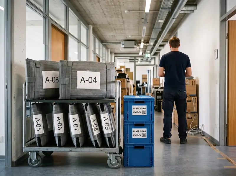 Gepolsterte Monitore auf einem Transportwagen, jeder mit einem Etikett für seinen Arbeitsplatz, daneben Kisten mit QR-Etiketten
