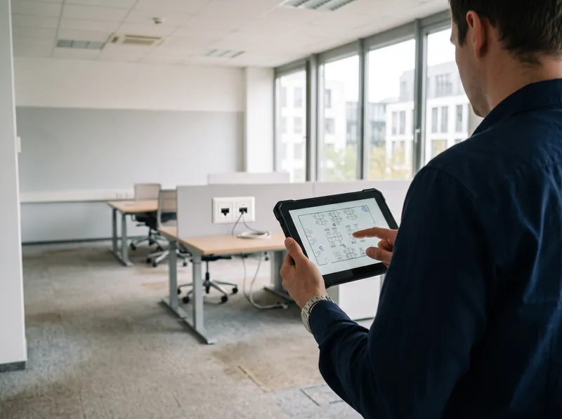 Bestandsaufnahme im leeren Büro: Blick über die Schulter auf den Grundriss mit Arbeitsplätzen und Netzwerkdosen auf einem Tablet