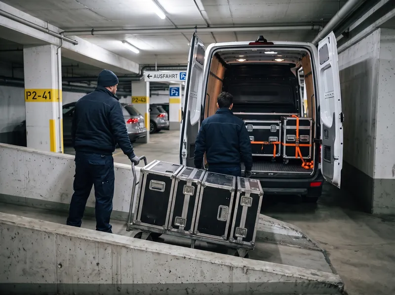 Zwei Techniker schieben Flightcases in der Tiefgarage in einen Transporter