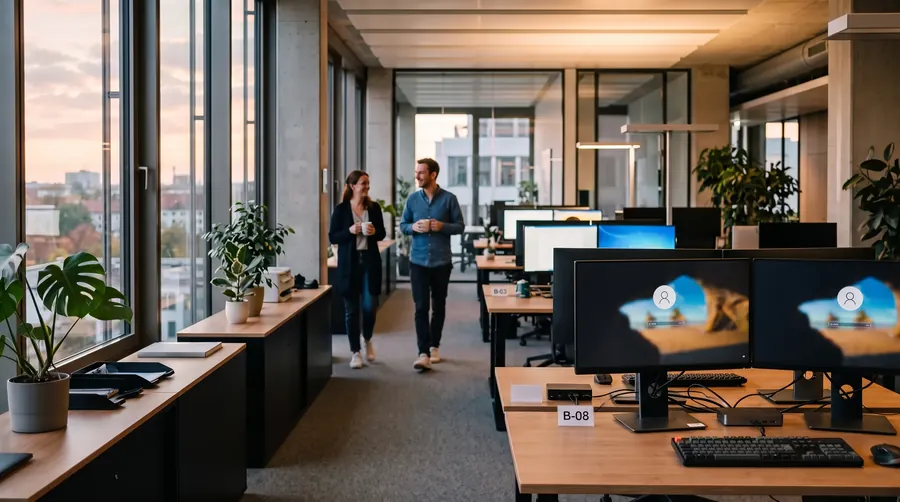 Helles Büro am Montagmorgen: alle Monitore an, jeder Arbeitsplatz mit Etikett